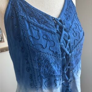Assymetrical Embroidered Beaded Blue Lace-Up Tank